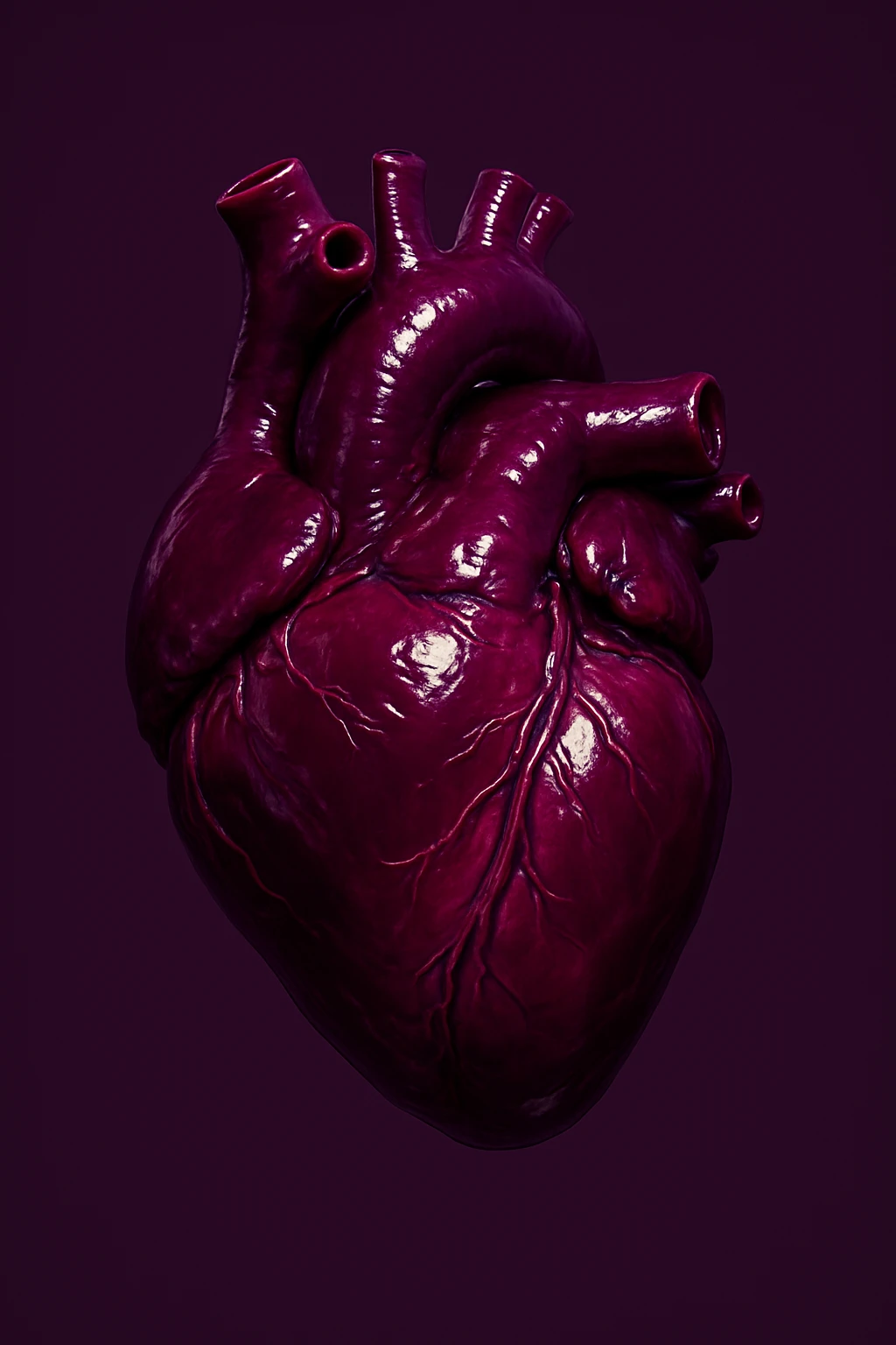 beating heart with color RGB values R 60 G 16 B 83, realistic shine, simple background emoji