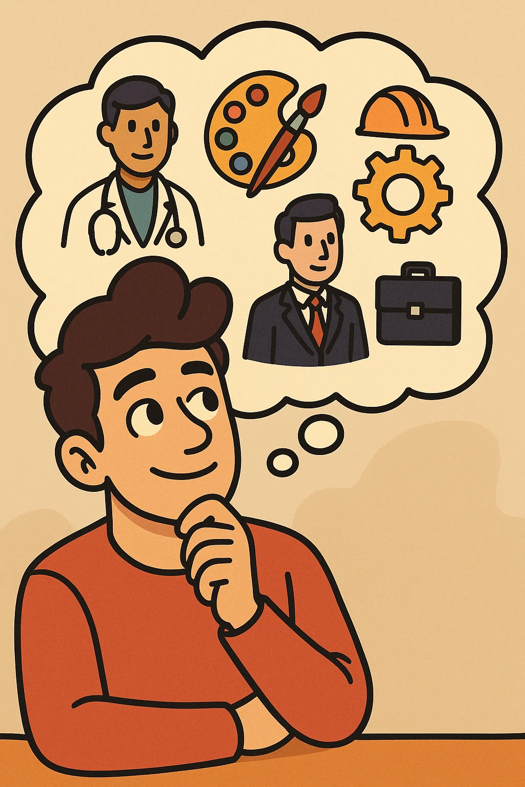 a guy dreaming about his future career plans, hopeful expression, thought bubble with various career icons, modern illustration, colorful, flat toon style emoji