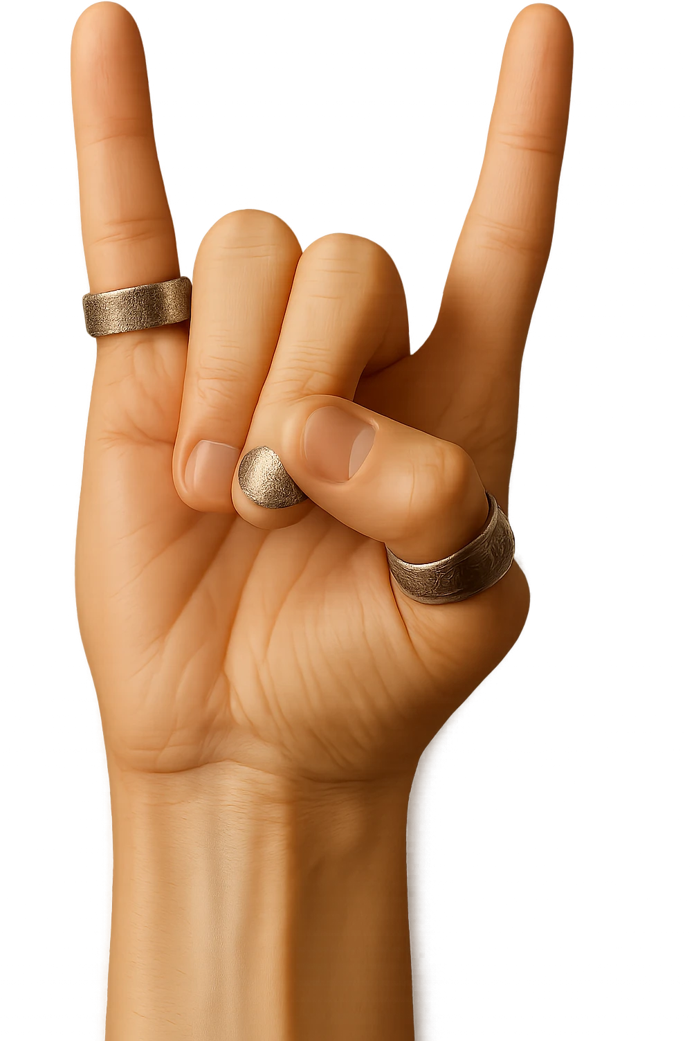 Make the rings on the hand more detailed while keeping the metal sign gesture. Render with realistic shading and subtle color, no background. emoji