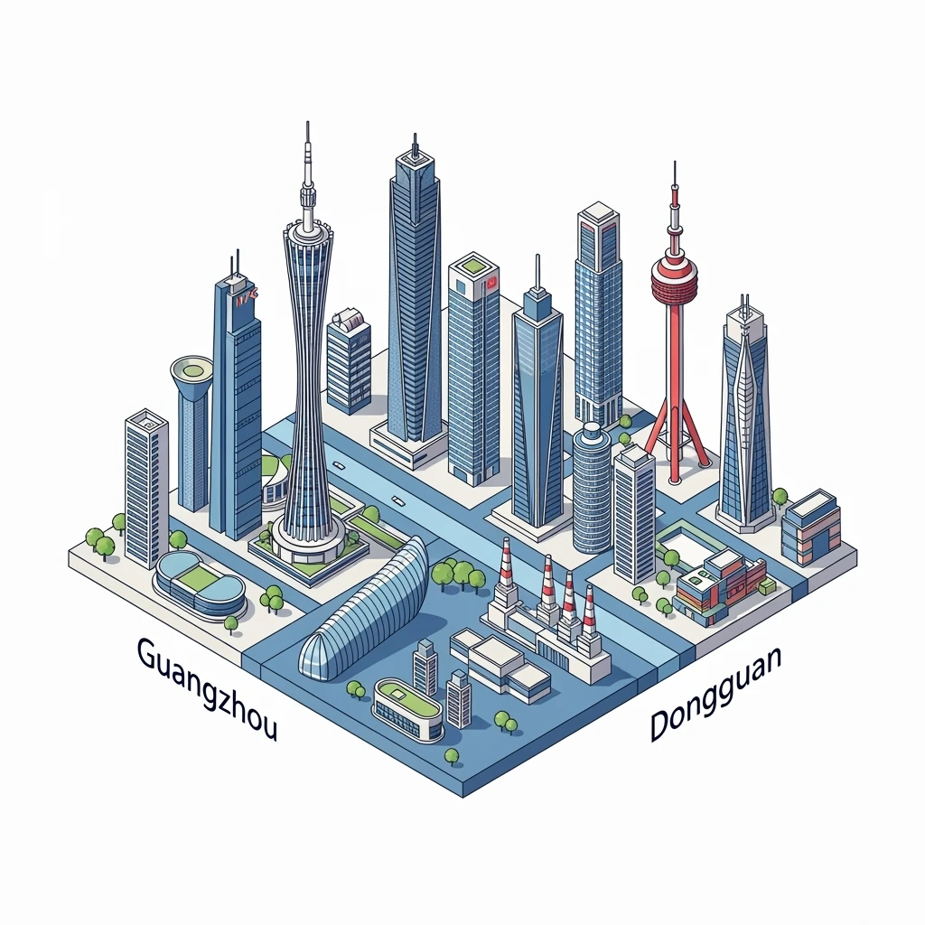 Isometric minimalistic illustration of mix Guangzhou, Shenzhen and Dongguan subtle 3D miniature effect and Tilt Shift effect, no cartoonish look, transparent background. emoji