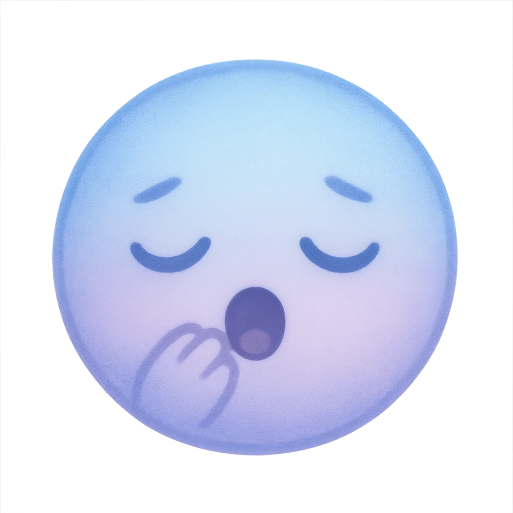 cute emoji, round face, sleepy eyes, tiny yawn, soft blue and lavender emoji