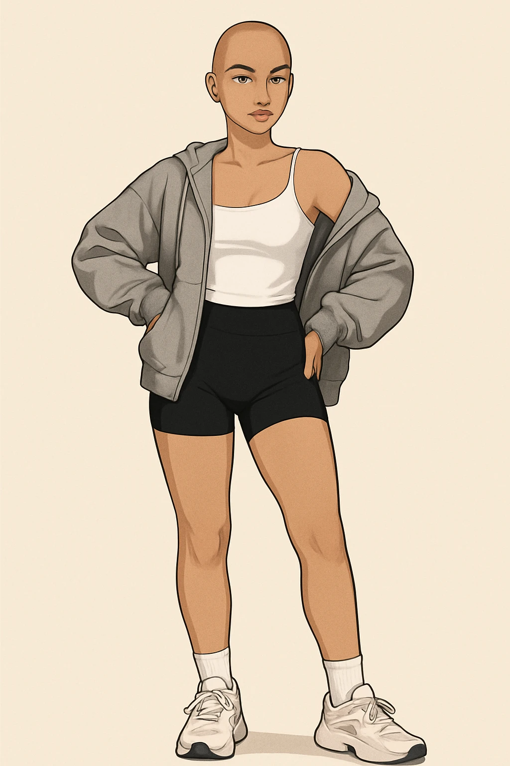 Create a high-quality avatar of a woman without hair, wearing shoes. The pose should be feminine, slightly sexy, yet stylish and aesthetic. The head is looking straight ahead. Use the same skin color as the original model. Ensure very high quality with no glitches, no visual artifacts, no colored stripes. The shading should be clean, edges smooth, clothing fits naturally, and lighting is even and natural. emoji