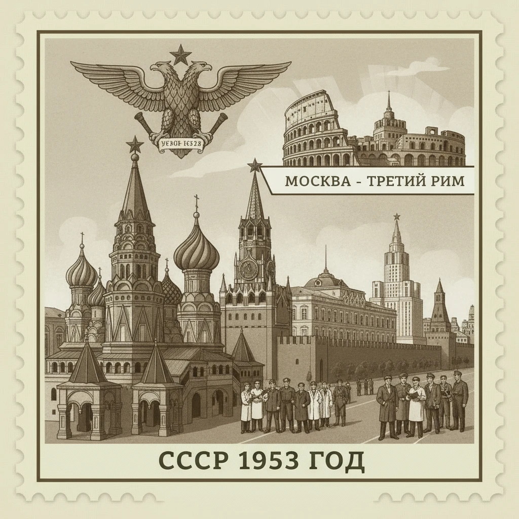 Москва - третий Рим. СССР 1953 год

Стилизуй изображение под марку как на фото emoji