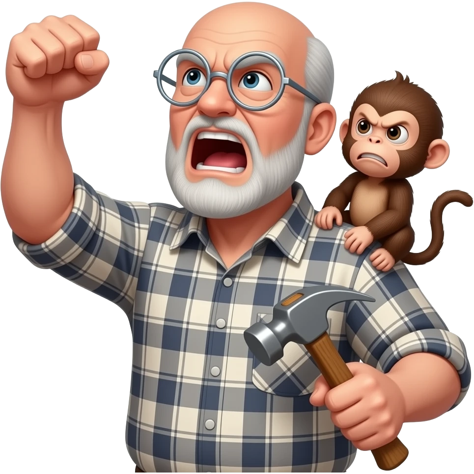 Angry old man with a plaid shirt with silver round glasses balding, NO beard & NO mustache yelling at the sky and shaking his fist angrily at the sky holding a hammer in his LEFT hand and a angry baby monkey on his shoulder. emoji