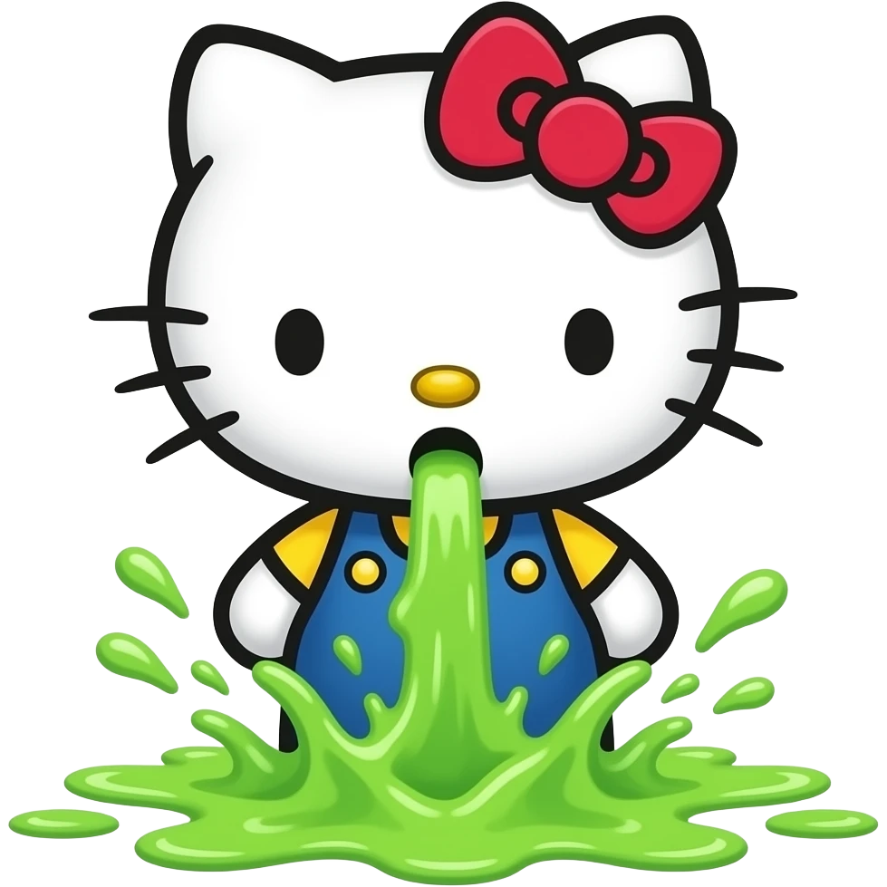 A hello kitty is vomiting neon green through her mouth, spewing it out onto the floor at her feet niagara emoji