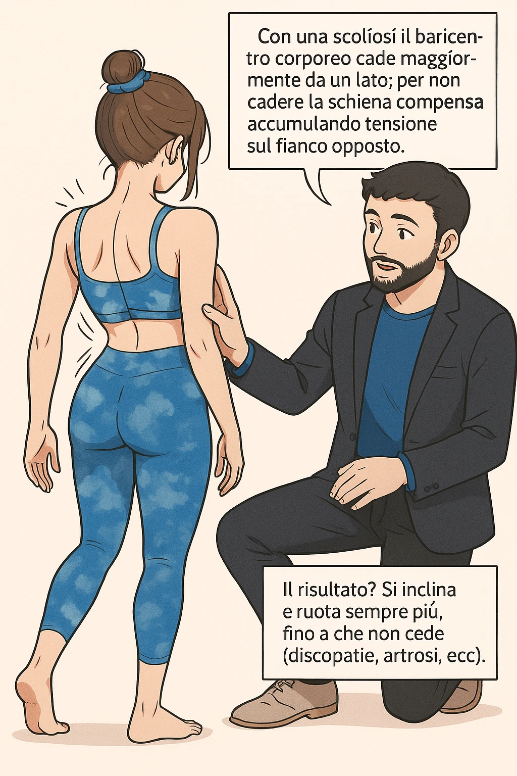 fai questa immagine in versione manga/webtoon a colori, il manga mostra la donna di spalle, mentre l'uomo le tocca la spina dorsale per spiegarle come funziona la scoliosi:
Con una scoliosi il baricentro corporeo cade maggiormente da un lato; per non cadere la schiena compensa accumulando tensione sul fianco opposto.
Il risultato? Si inclina e ruota sempre più, fino a che non cede (discopatie, artrosi, ecc) emoji