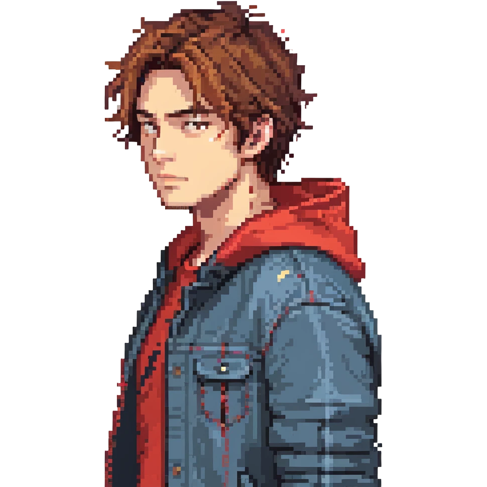 Pixel art character, young man with dark jacket, red hoodie, brown messy hair, jeans, scar on left eyebrow, confident face, retro arcade sprite style, side view emoji