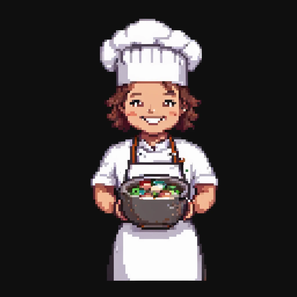 Portrait of a smiling baker wearing a chef hat and a clean apron, holding a large mixing bowl, skeuomorphism style emoji