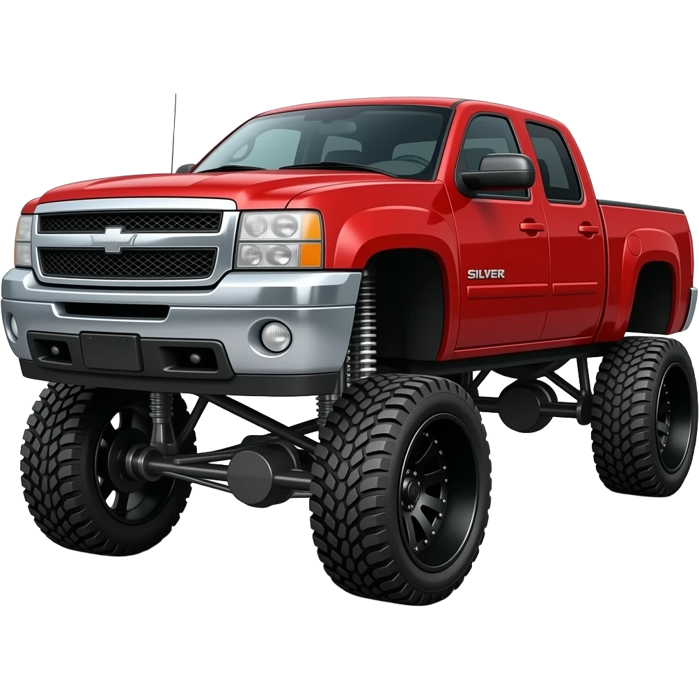 Make a red 08 Silverado jacked up on wide black rims emoji