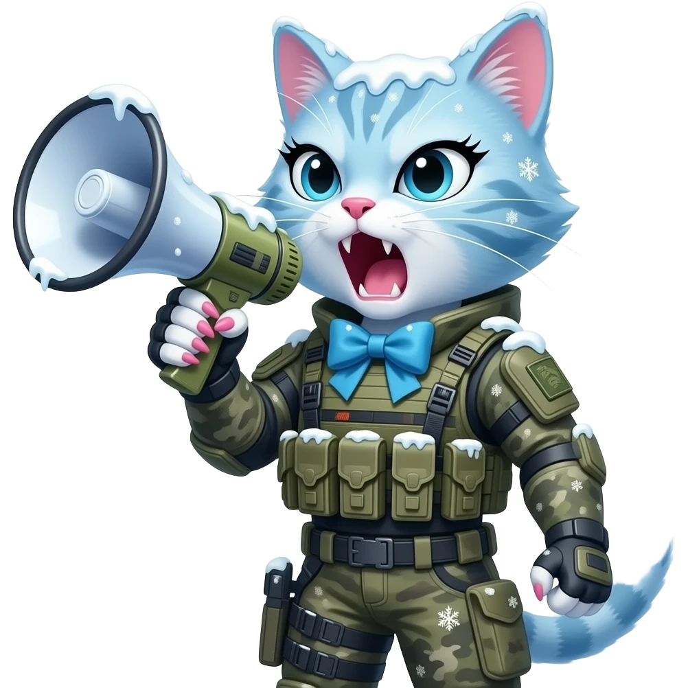 a sleek pretty female really furious angry snarling cat  made from ice snow and snowflakes and covered from frost. the cat is wearing a bow, frost-covered modern warfare gear & using a megaphone to yell. the cat has long eyelashes & pink claws and have tantrum emoji