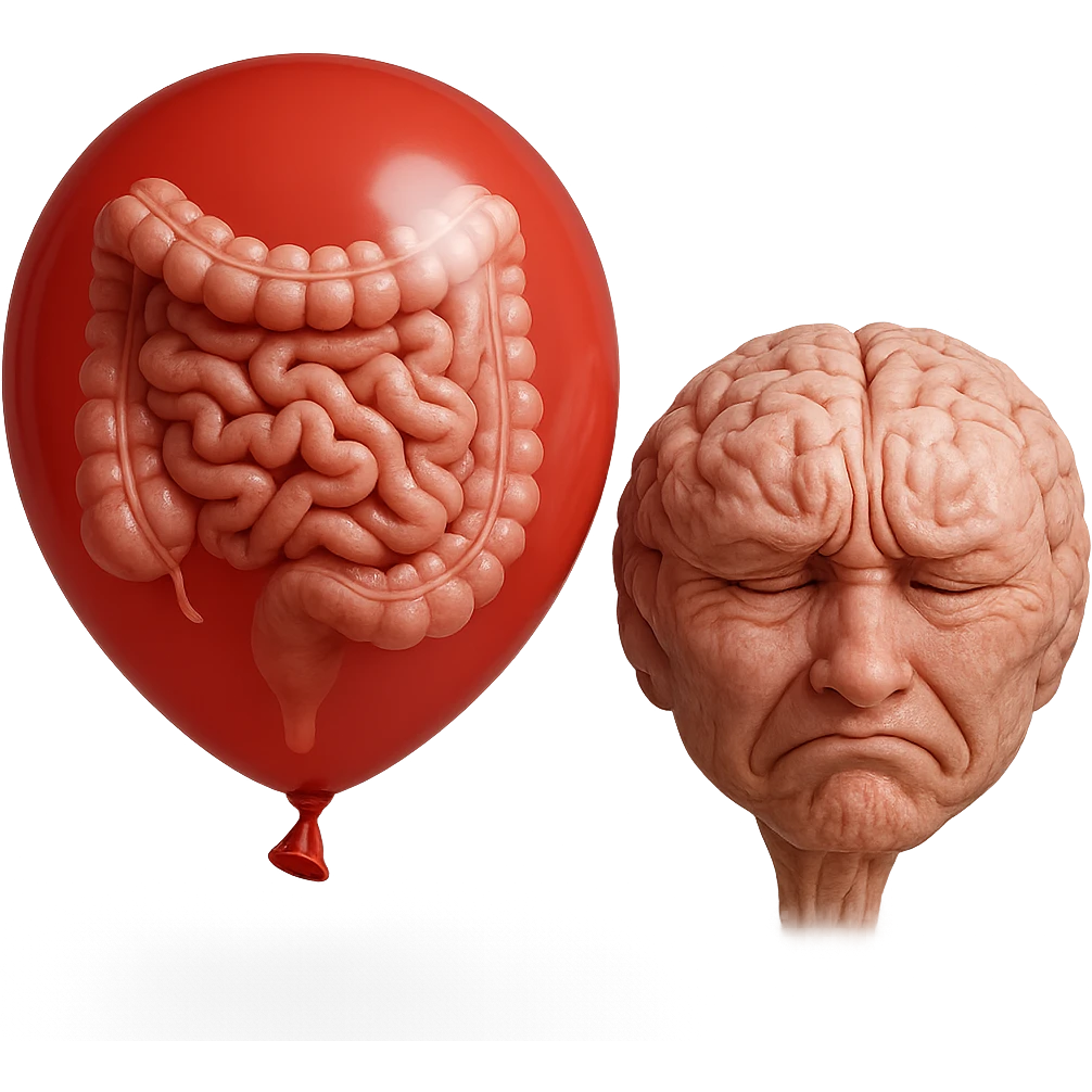 intestino umano anatomico chiuso in un palloncino rosso che simboleggia gonfiore, accanto un cervello stressato, iperrealistico 4k emoji