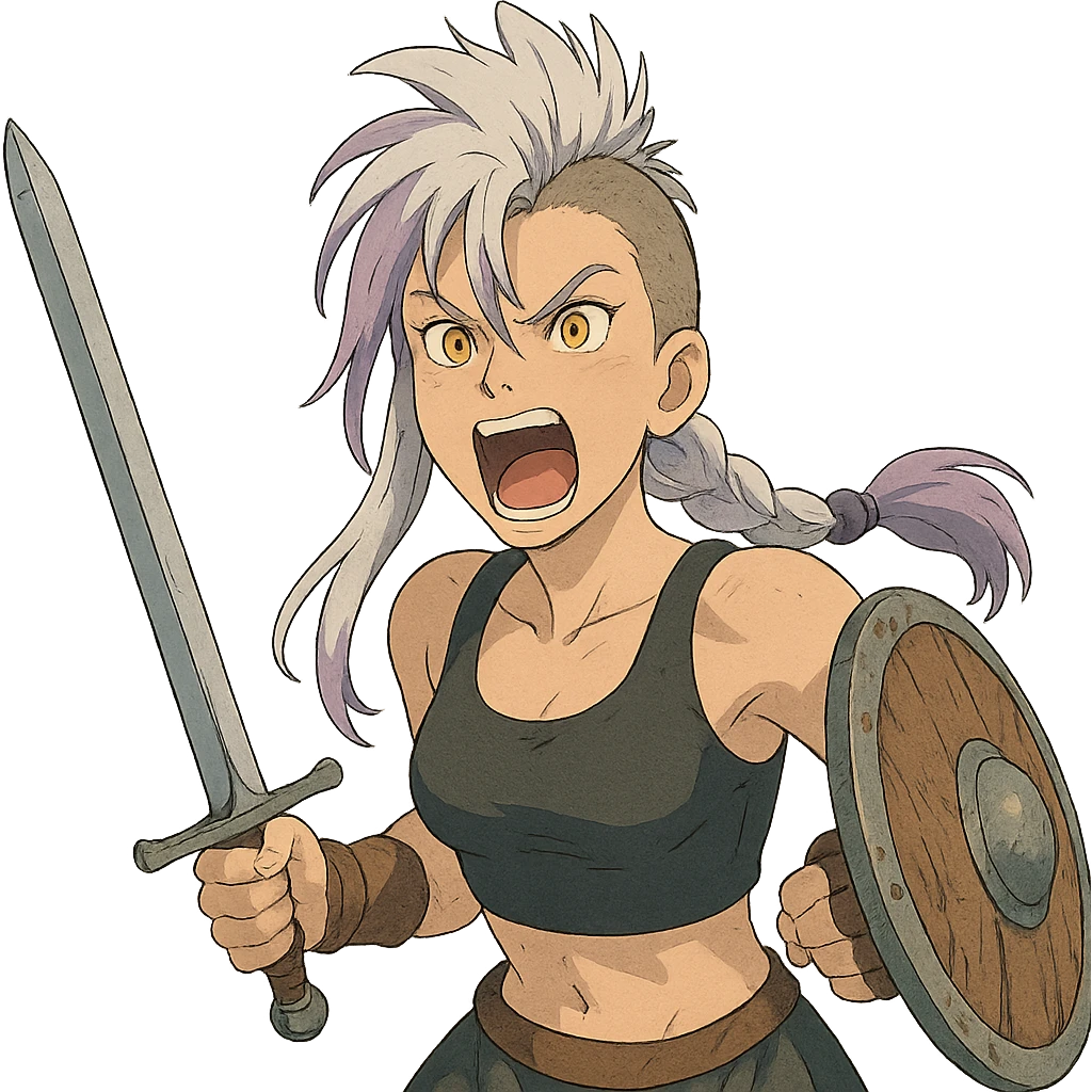 A sword maiden, mohawk, long braid white hair with lavender and tips long messy bangs one side, gold yellow eyes, black crop top, brandishing an arming sword and a shield, roaring! rah! emoji
