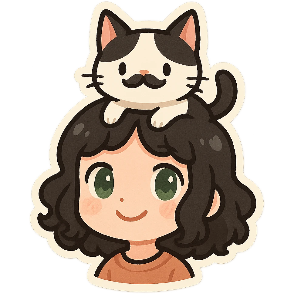 a white girl with black curly medium-length hair and green eyes, smiling, with a white-black cat perched on her head, the cat has a black mustache-like mark under its nose, cute and whimsical style emoji