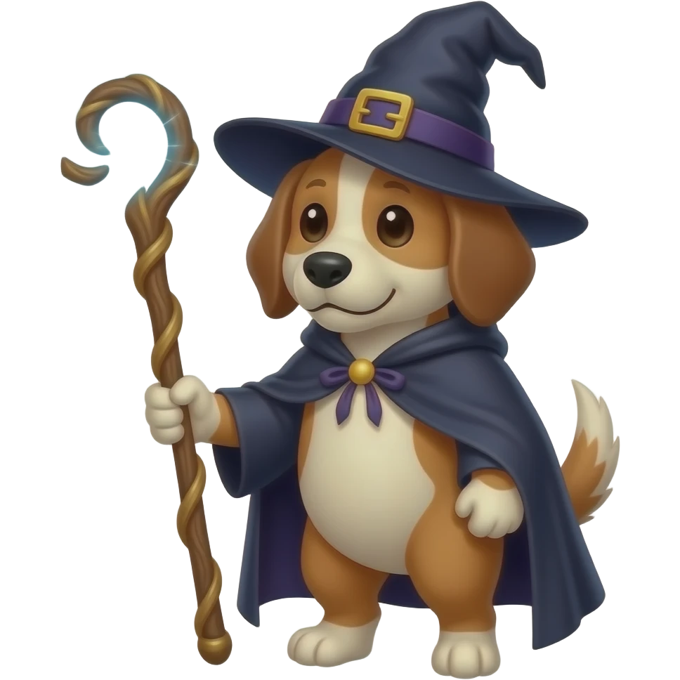 Haz un emoji de ese perro pero con gorra y vestimenta de bruja.  Con el bastón y magia la mitad del cuerpo torso y más Mágico emoji