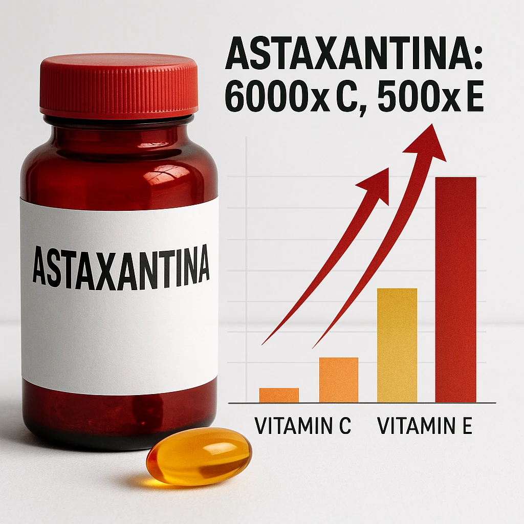 hyper realistic Astaxantina with bar chart and arrows showing superiority over vitamin C and vitamin E, red bottle, orange and golden capsule, text 'Astaxantina: 6000x C, 500x E', scientific atmosphere, white background emoji