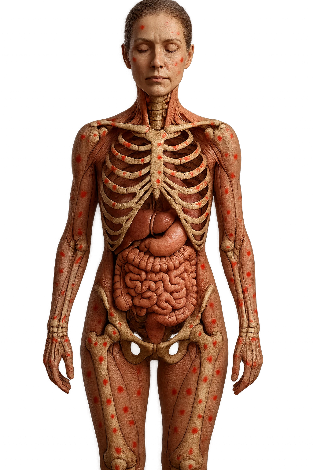 corpo umano anatomico di una donna affetta da fibromialgia, intestino anatomico realistico e red spot sparsi sulle sue ossa, iperrealistica 4k emoji