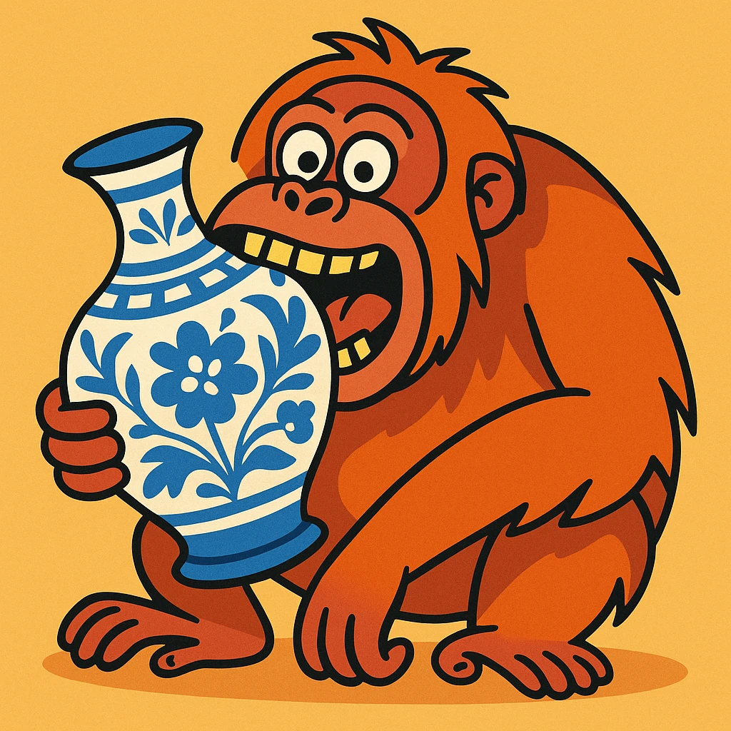 humorous style orangutan biting a blue and white china vase emoji