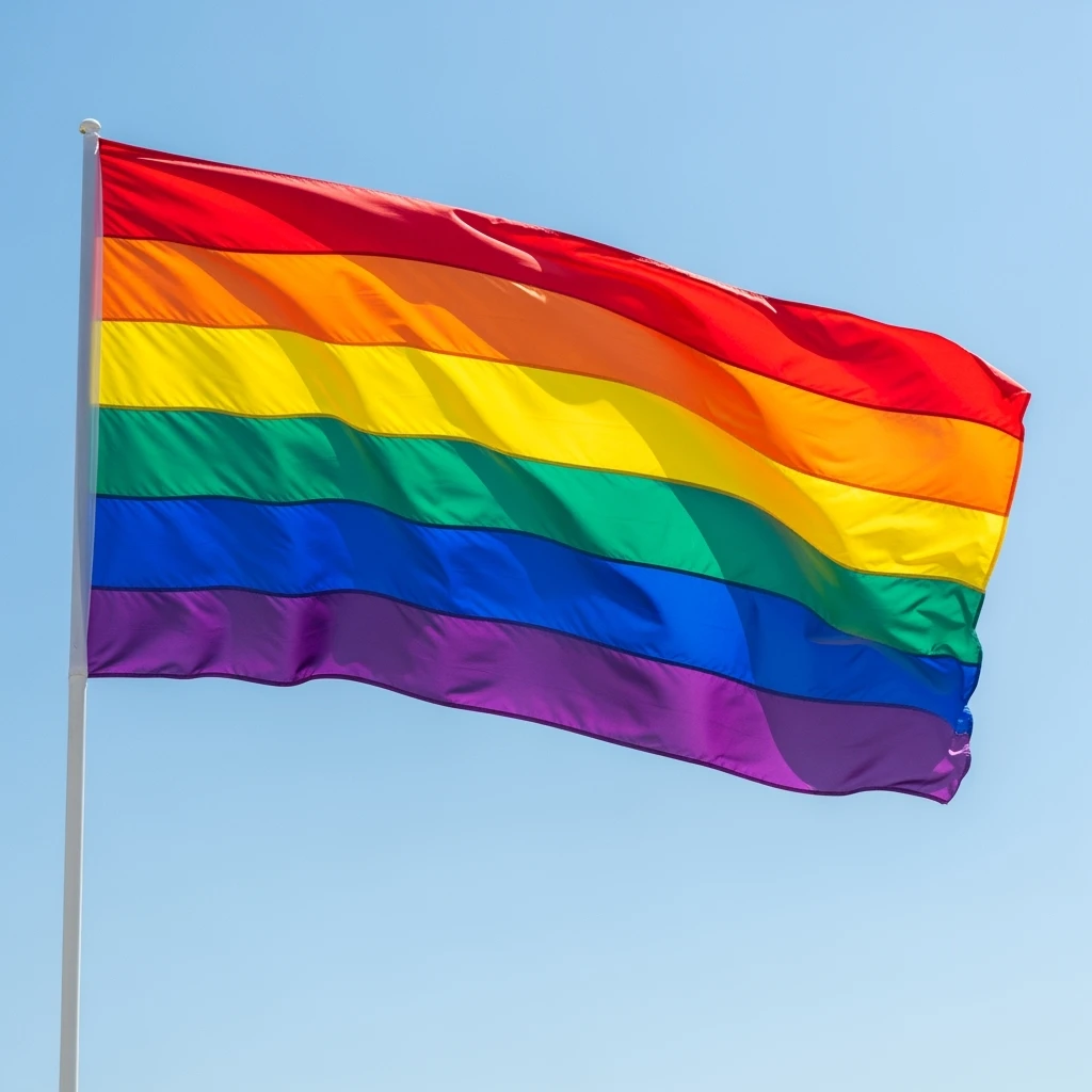 gay pride rainbow flag, waving, vibrant colors, simple style emoji
