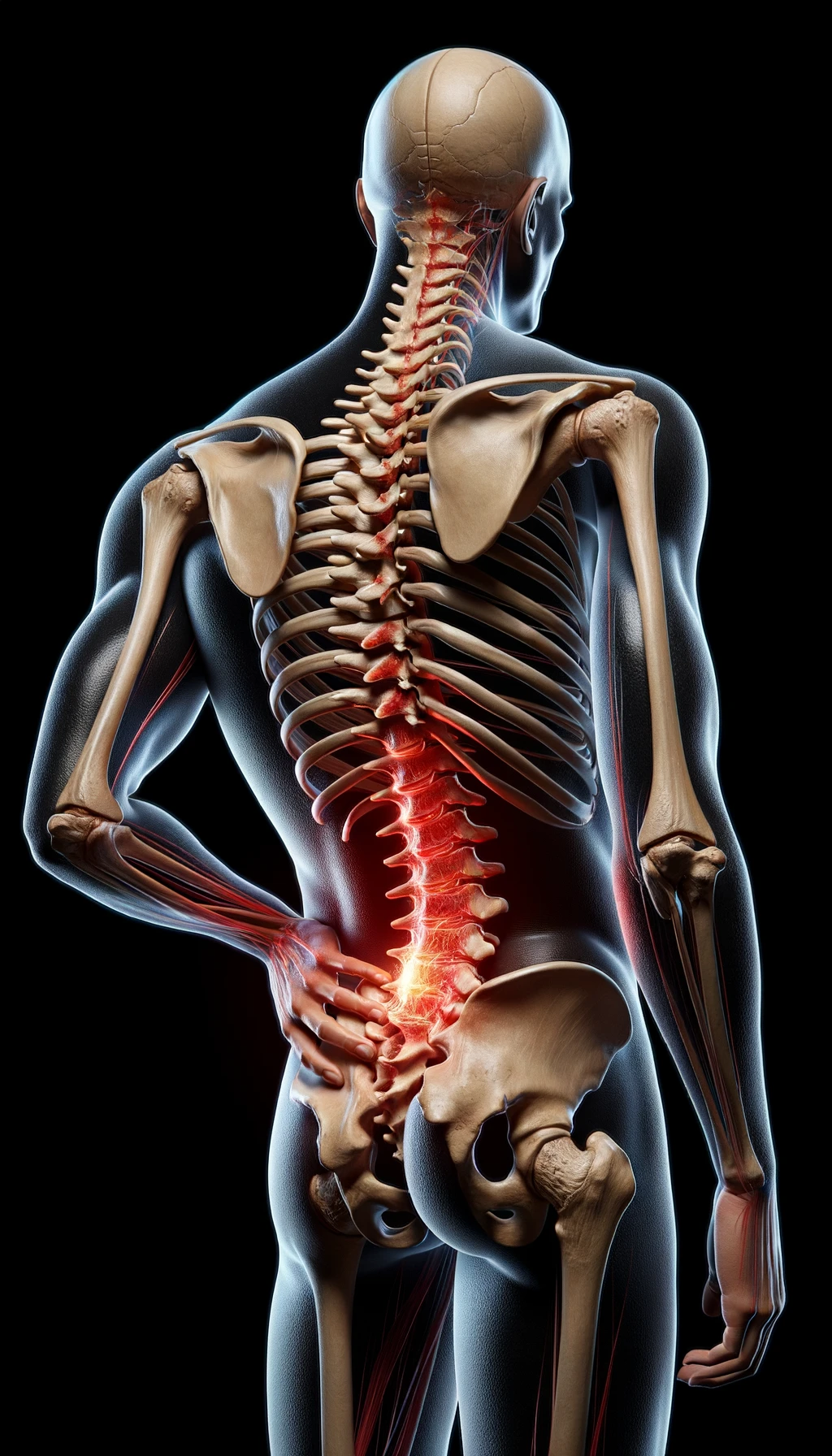 corpo umano anatomico di spalle e fisico storto, spina dorsale in evidenza, dolore alla schiena su un lato, iperrealistico 4k emoji