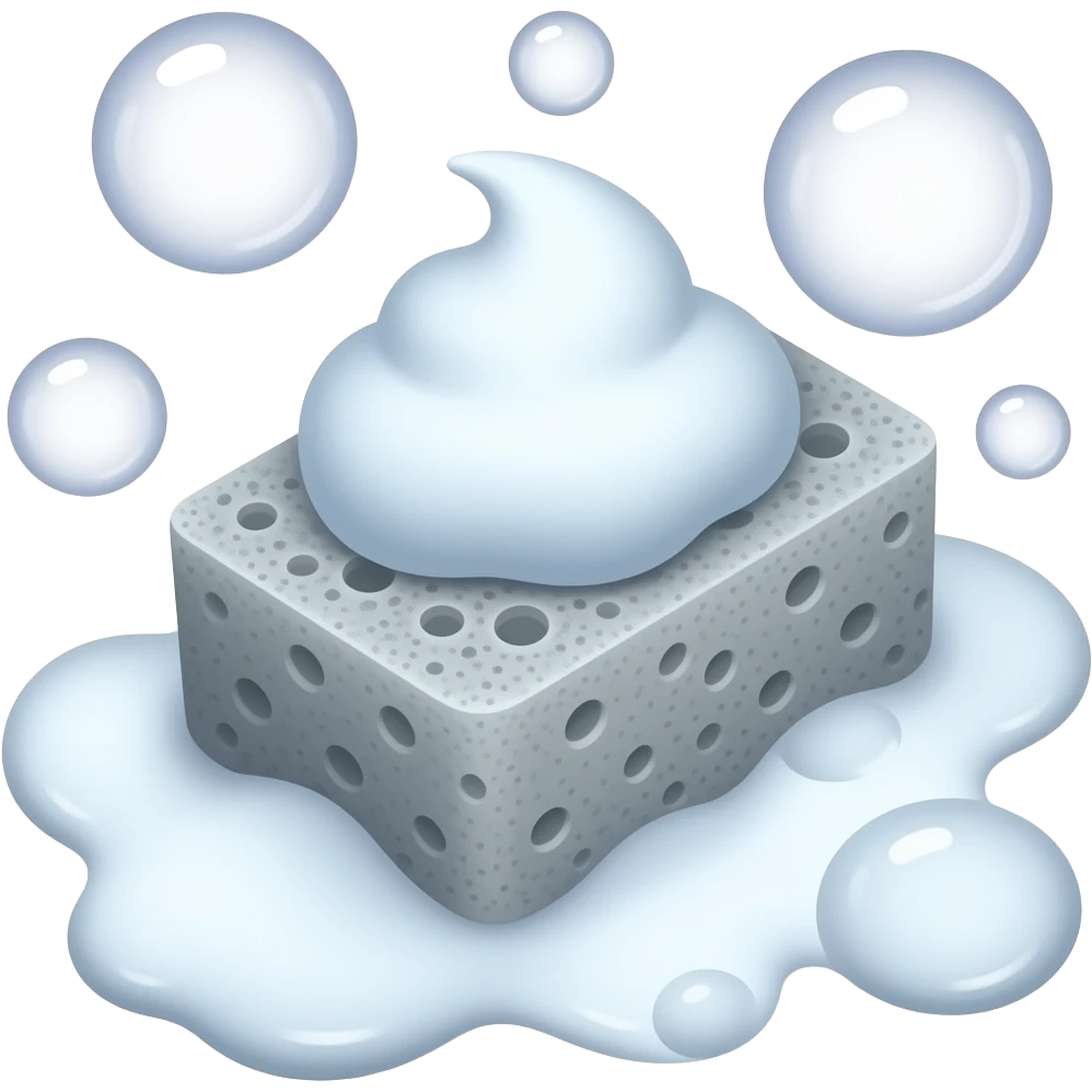 A cute grey sponge emoji with a 'soft touch' vibe, gentle cleaning, glossy soap bubbles floating around. emoji