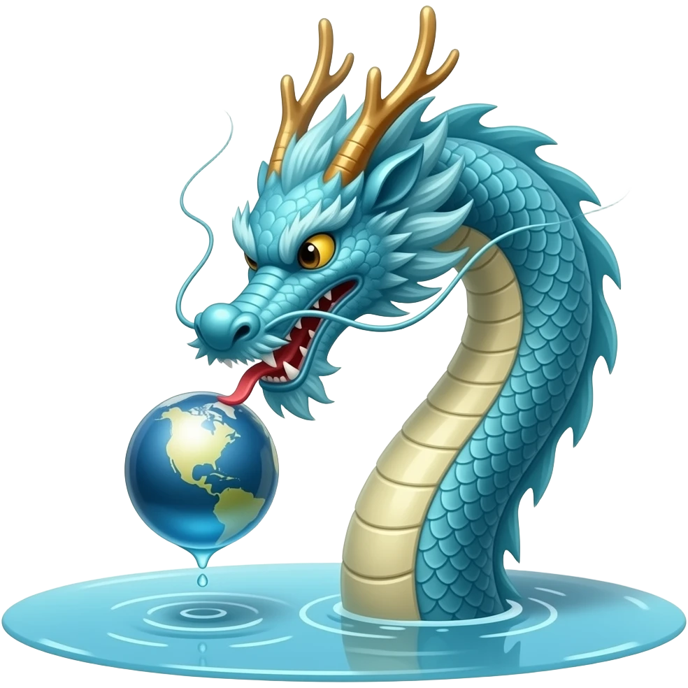 A long blue Chinese serpentine dragon emerges from a puddle of water, hovers above the surface, playing with a silver planet. emoji