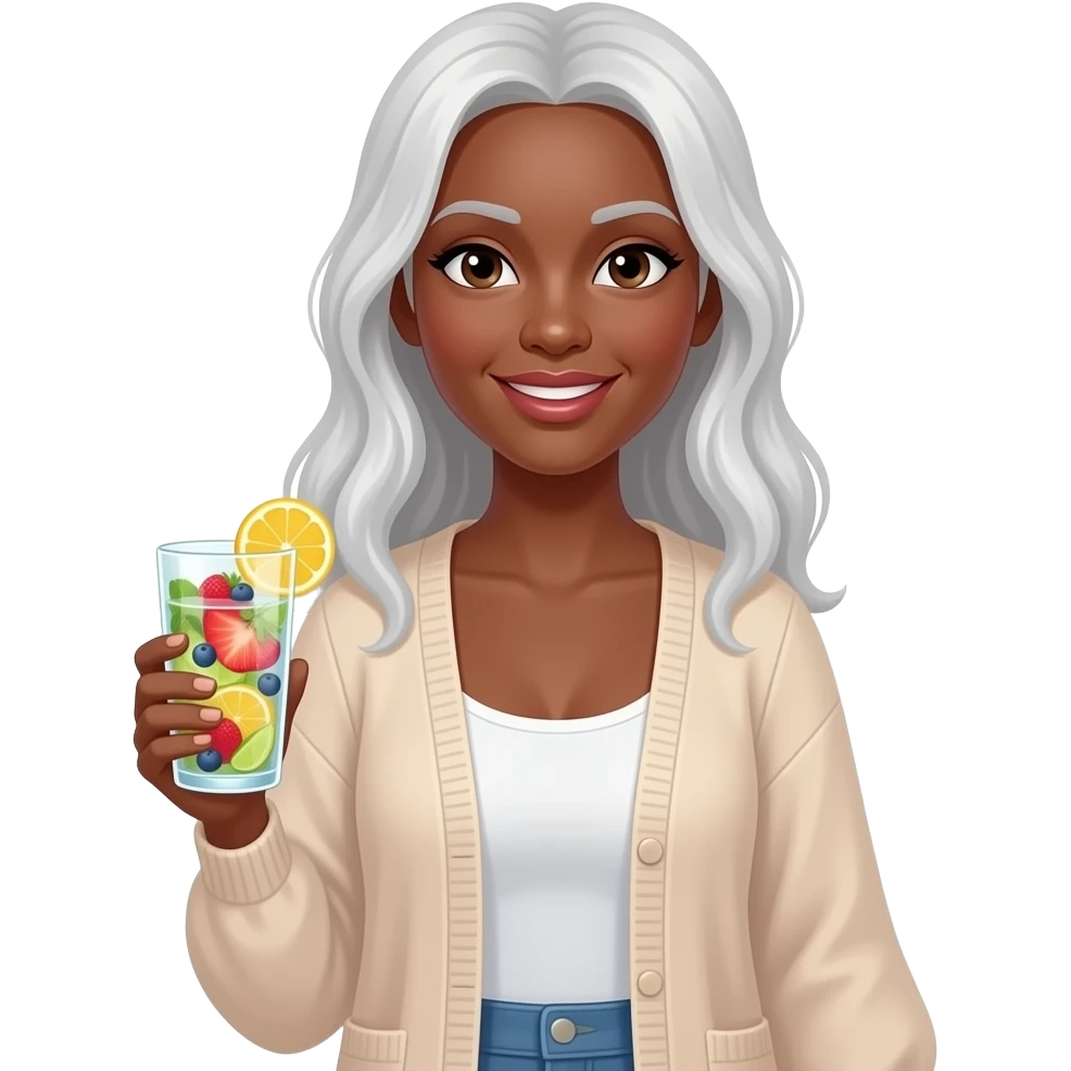 BLACK BALD WOMAN  IN FLOWY CARDIGAN HOLDING A CUP OF FRUIT INFUSED WATER emoji