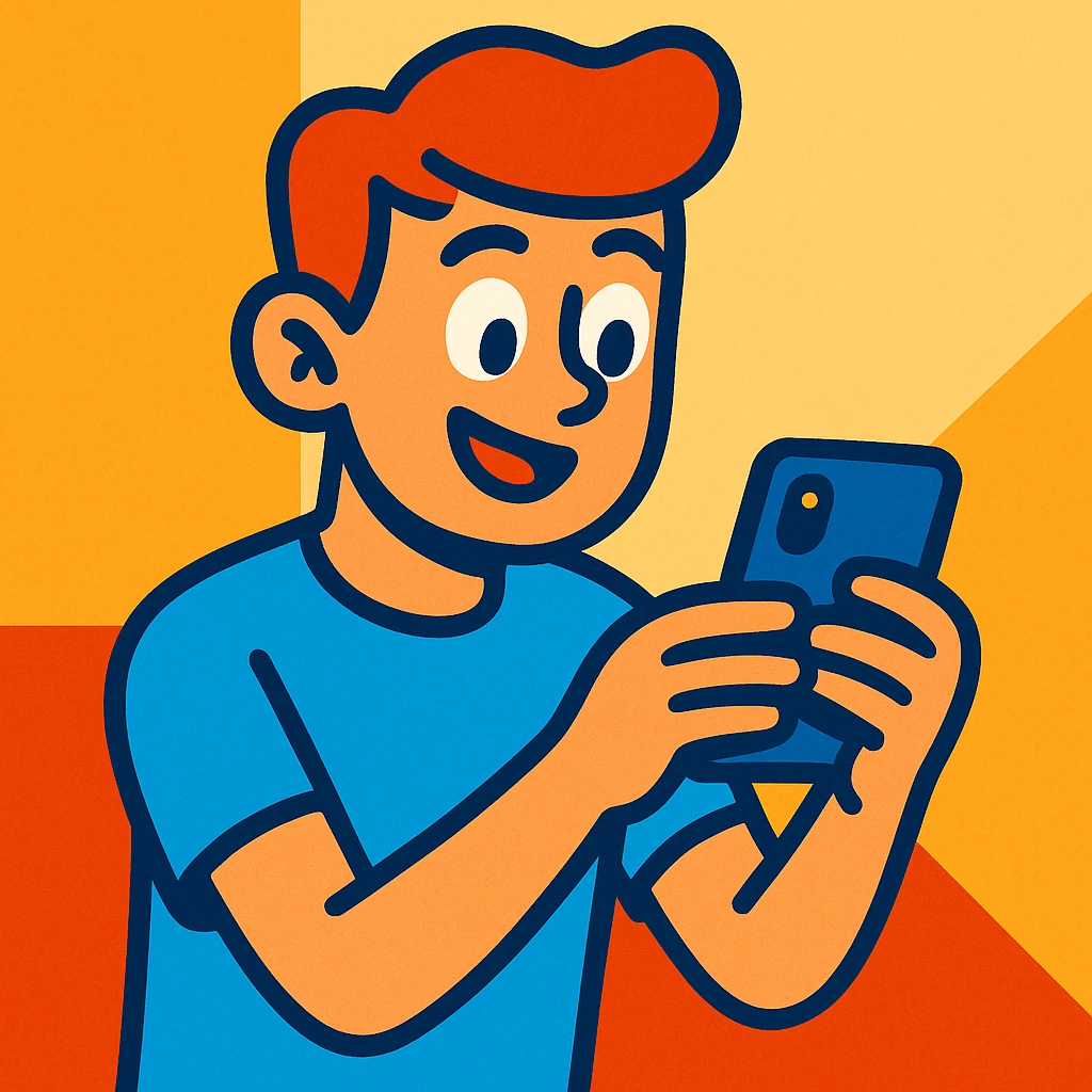 un chico con un celular en su mano, estilo cartoon colorido emoji