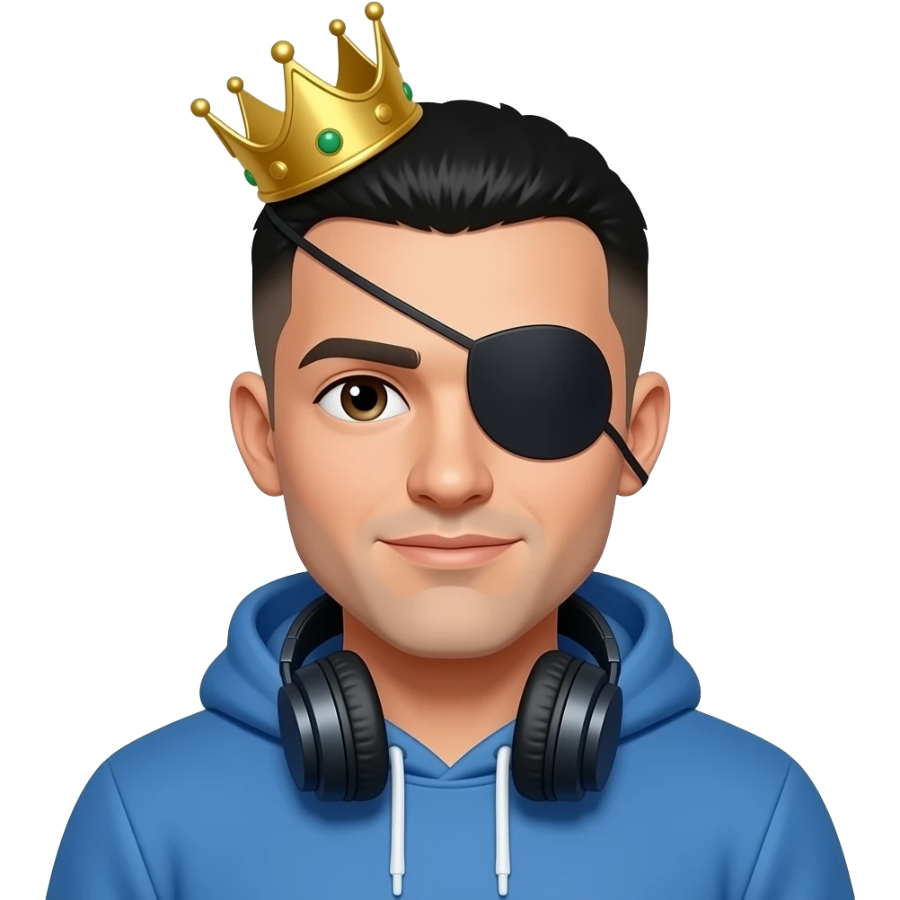 Make a man who has a blue hoodie with headphones on his neck have a crown with a black eyes cover black and with a short white male black buzz cut and make him a white male emoji