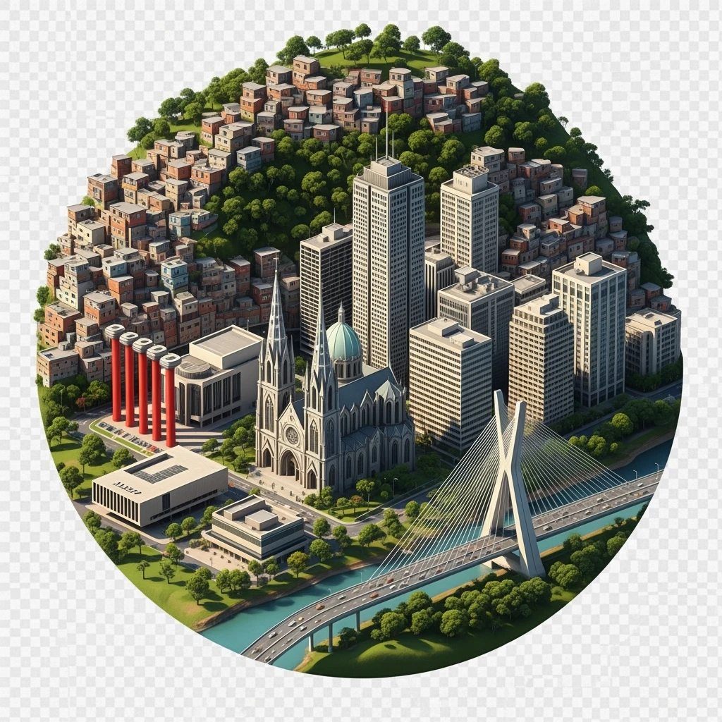 Isometric сircle miniature of São Paulo Catedral da Sé, MASP on red pillars, Octávio Frias Bridge, and Altino Arantes building, favelas on hillsides, dense chaotic urban blocks, and green parks 3D miniature effect and Tilt Shift effect, no cartoonish look, transparent background. emoji