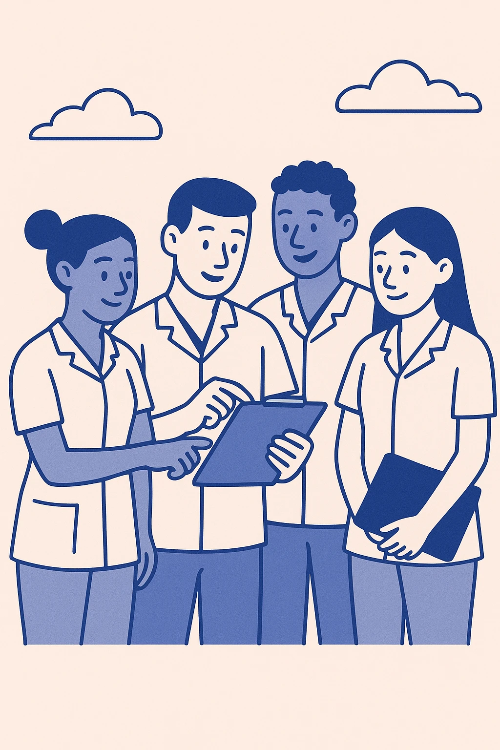 groupe de quatre étudiants infirmiers, blouses blanches manches courtes, sans accessoires, en train de collaborer, flat design épuré emoji