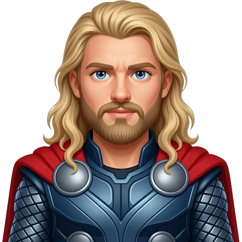Thor from Norse Mythology with blue eyes, long blonde bearded wavy hair, deep blue armor, red cloak emoji
