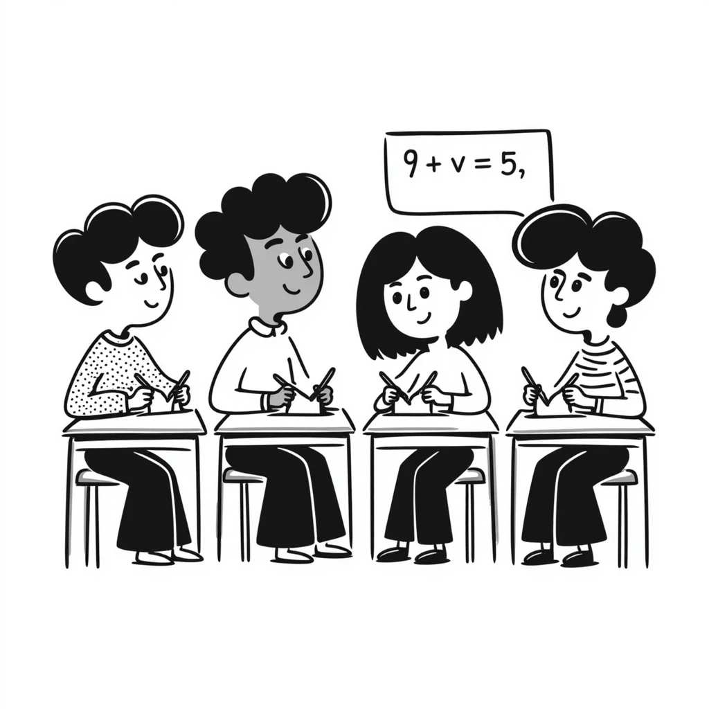 4 students, two boys and two girls, taking notes, classroom, hand drawn style, warm atmosphere, neutral background emoji