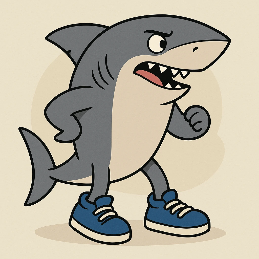 a shark wearing blue shoes, clean modern cartoon style, not chibi emoji