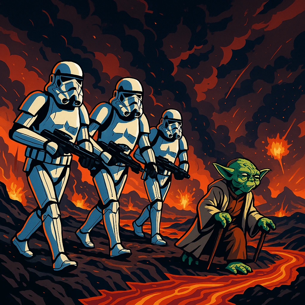 vector art of a Starwars stormtroopers is walking on lava planet with yoda, battleground background 
 emoji