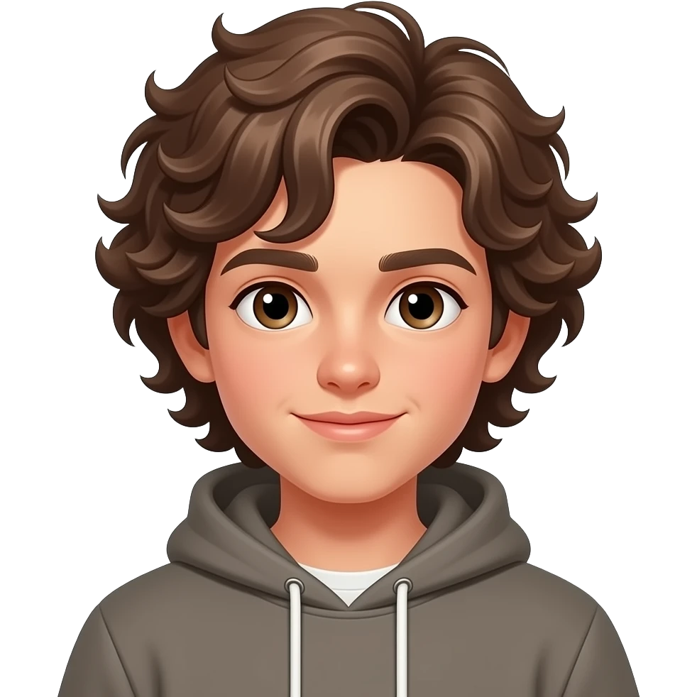young cute teen boy with light brown skin and long curly brown hair wearing a hoodie emoji