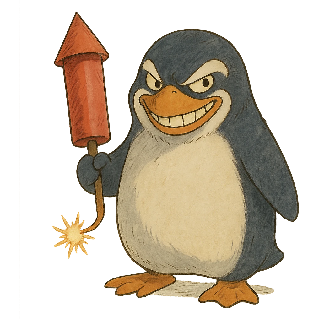 ghibli style penguin holding a firework, grinning menacingly emoji