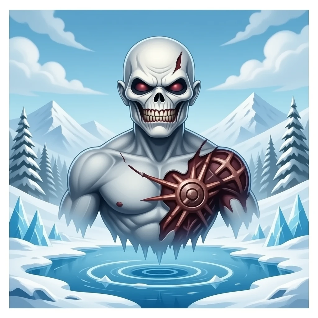 iron maiden eddie mascot - deformed ethereal upper body hovers over frozen landscape - a Gustave Doré piece, depicting traitors frozen in a lake of ice in the ninth circle of Dante's Inferno emoji