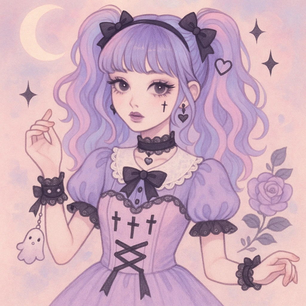 gothic K-pop girl, dreamy pastel goth style, soft colors with gothic details, whimsical pose, cute accessories emoji