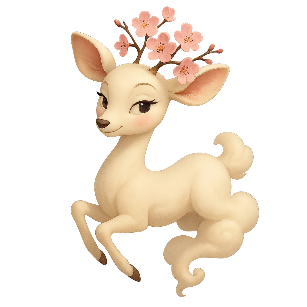Pixar style graceful feminine vanilla cloud doe, rosy cheeks, cherry blossom head, floating elegantly, confident charming presence, subtly alluring but not explicit emoji