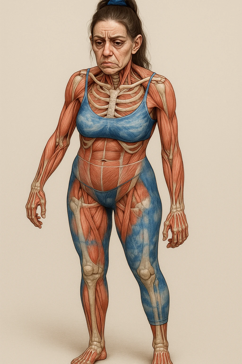 Donna in abbigliamento sportivo, postura asimmetrica, stile medico realistico, muscoli e ossa visibili, segni specifici di stress cronico: mascella serrata, spalle sollevate, rughe sulla fronte, occhiaie marcate, mani contratte, sfondo neutro, formato verticale. emoji