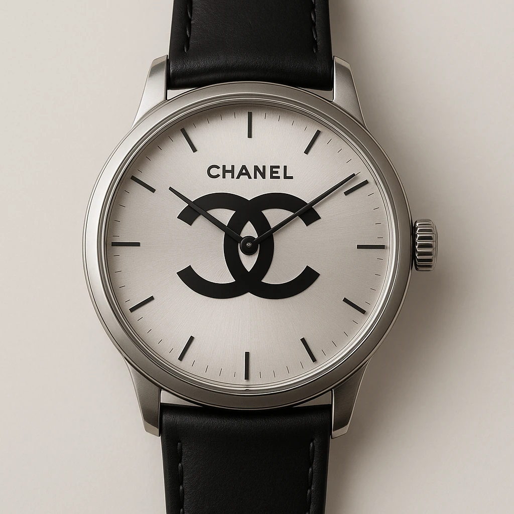 a classic wristwatch with the Chanel double C logo on the face, sophisticated design emoji