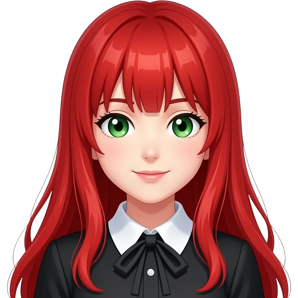 anime girl, delicious, red hair, green eyes, black blouse with white collar emoji