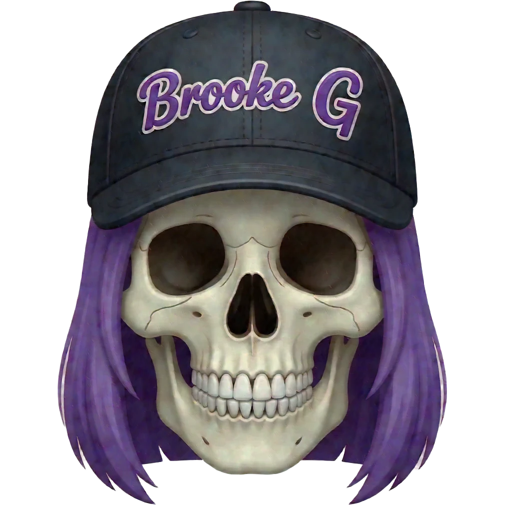 A skeleton head thats wearing a black baseball cap that says "Brooke G" with purple lettering and white bordering, with long purple hair emoji