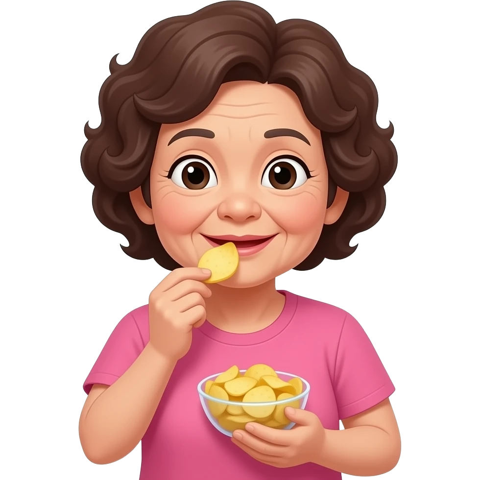 Asian grandma wearing pink tshirt with curly short brown hair eating potato chips emoji