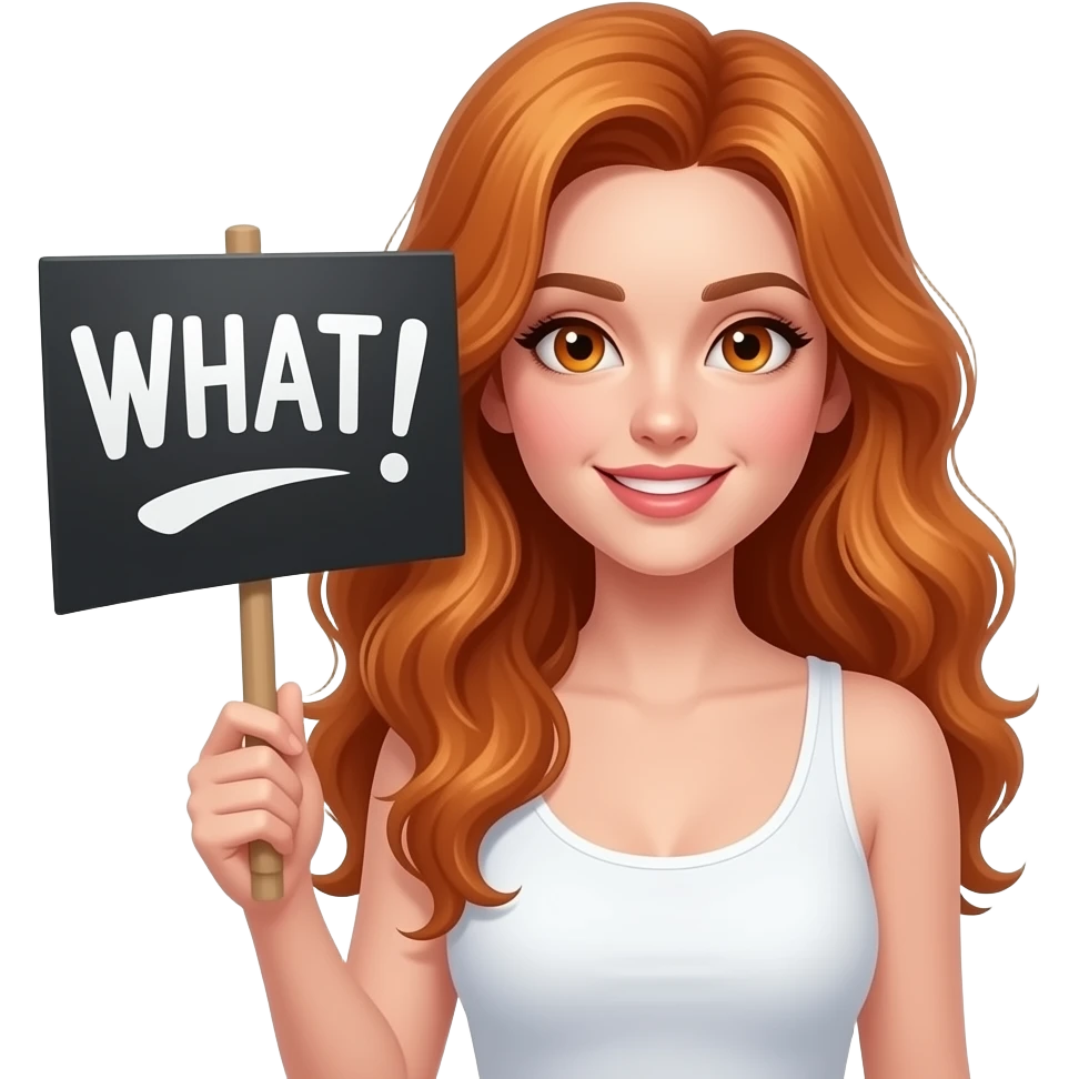 sexy girl with long wavy ginger hair and ginger eyes wearing a white tanktop is holding a black colored sign with WHAT! written on it emoji