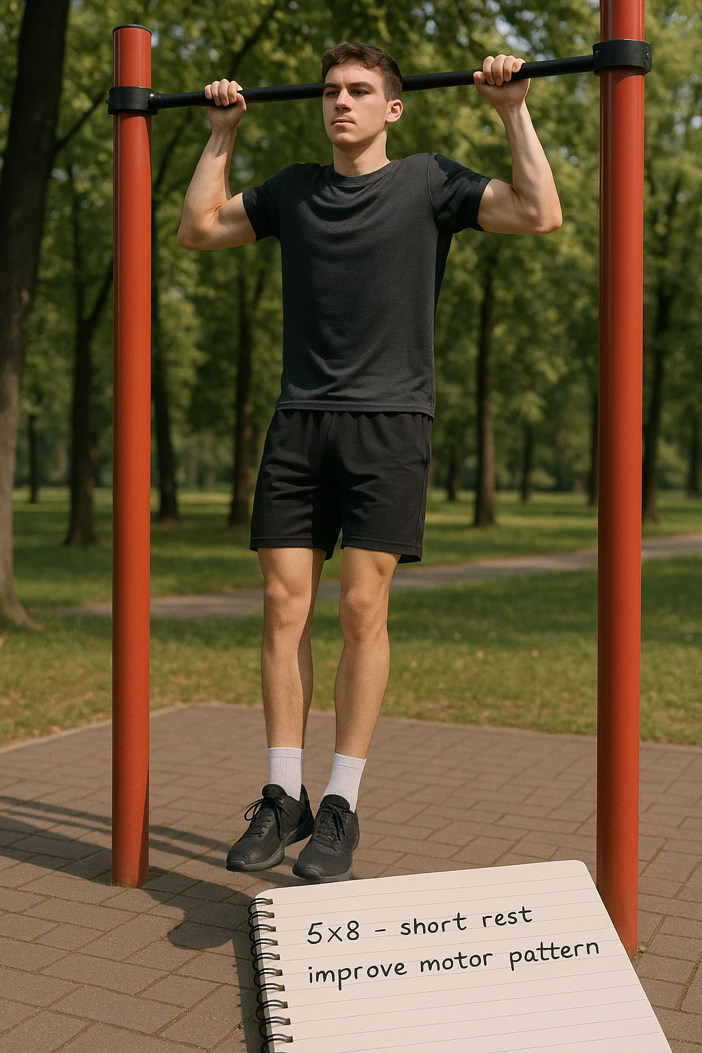 Giovane principiante dello streetlifting in un parco, fisico ancora asciutto, esegue lunghe serie di trazioni senza peso, con tecnica controllata. A terra, un taccuino con scritto '5x8 - riposo breve - migliorare schema motorio'. Espressione concentrata. Luce naturale, atmosfera educativa, senso di costruzione progressiva. emoji