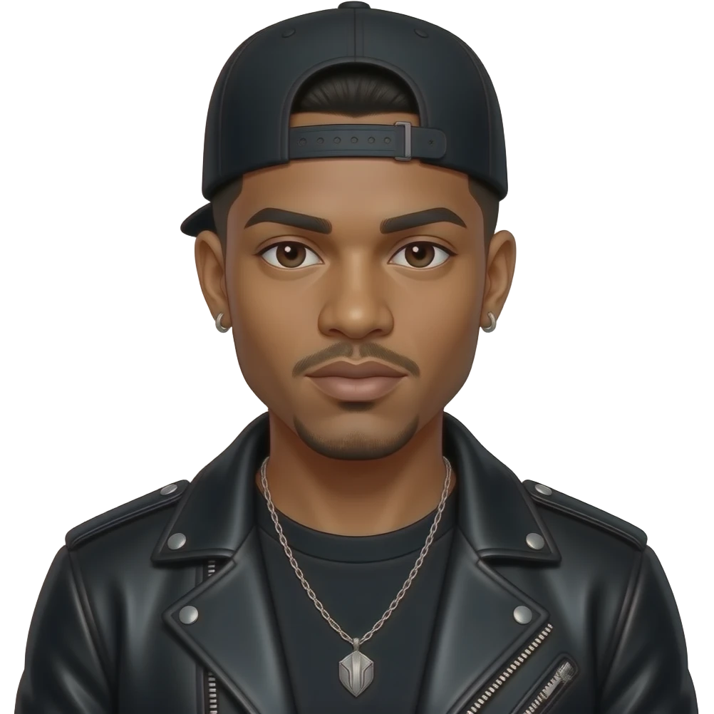 JoJo from Jodeci with dark brown eyes, black short fade hair, black cap, black metallic jacket, black metallic t-shirt, necklace and earrings emoji