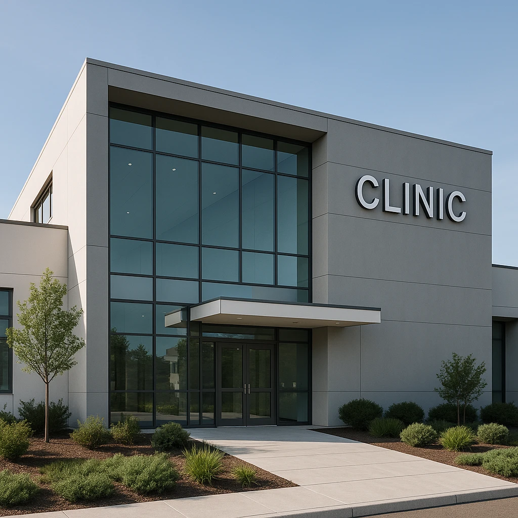 clinic building with a see-through window, modern style emoji