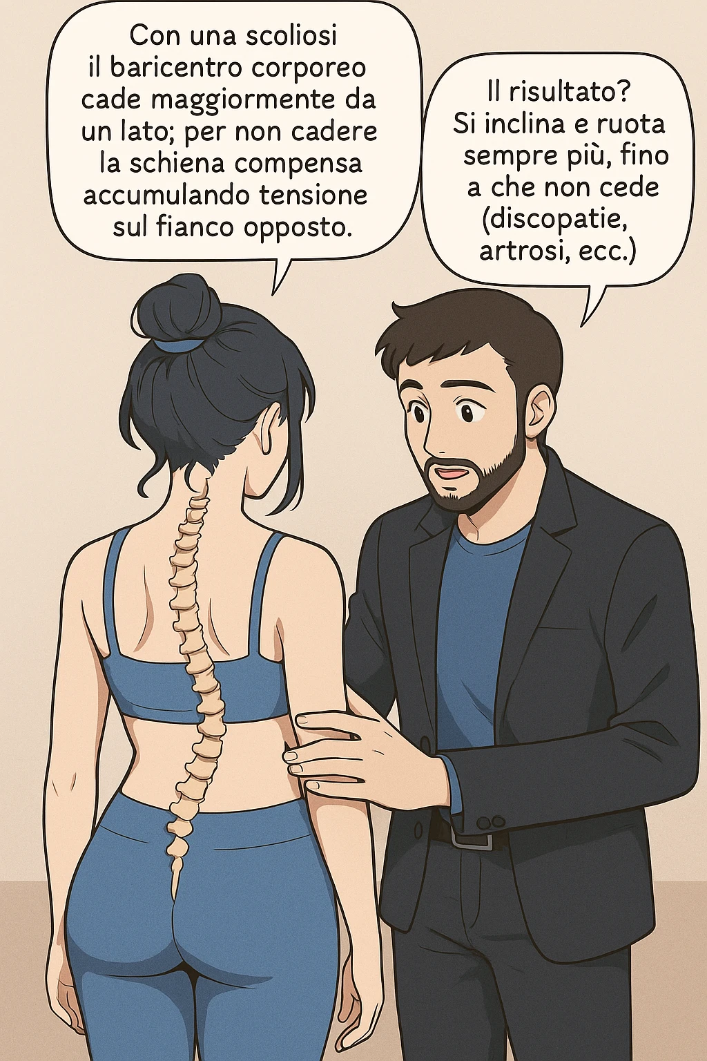 fai questa immagine in versione manga/webtoon a colori, il manga mostra la donna di spalle, mentre l'uomo le tocca la spina dorsale per spiegarle come funziona la scoliosi:
Con una scoliosi il baricentro corporeo cade maggiormente da un lato; per non cadere la schiena compensa accumulando tensione sul fianco opposto.
Il risultato? Si inclina e ruota sempre più, fino a che non cede (discopatie, artrosi, ecc) emoji
