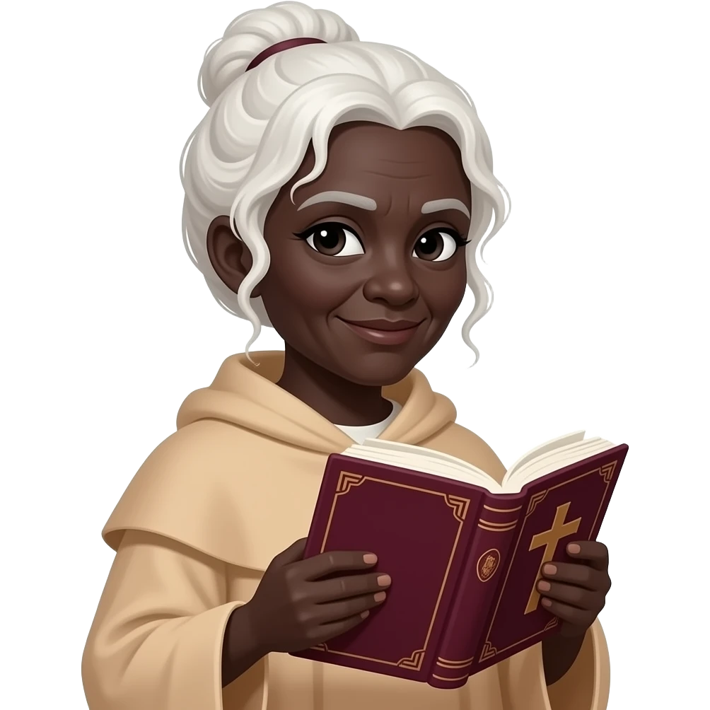 wise old woman with white hair tendrils in a bun black skin tan robe with burgundy book that has a cross on it emoji